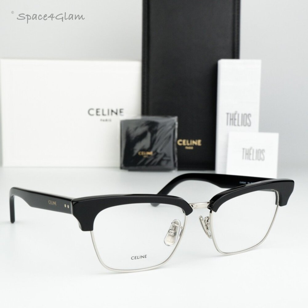 NEW Celine CL50026U 016 Shiny Palladium Black Demo Unisex Square Eyeglasses